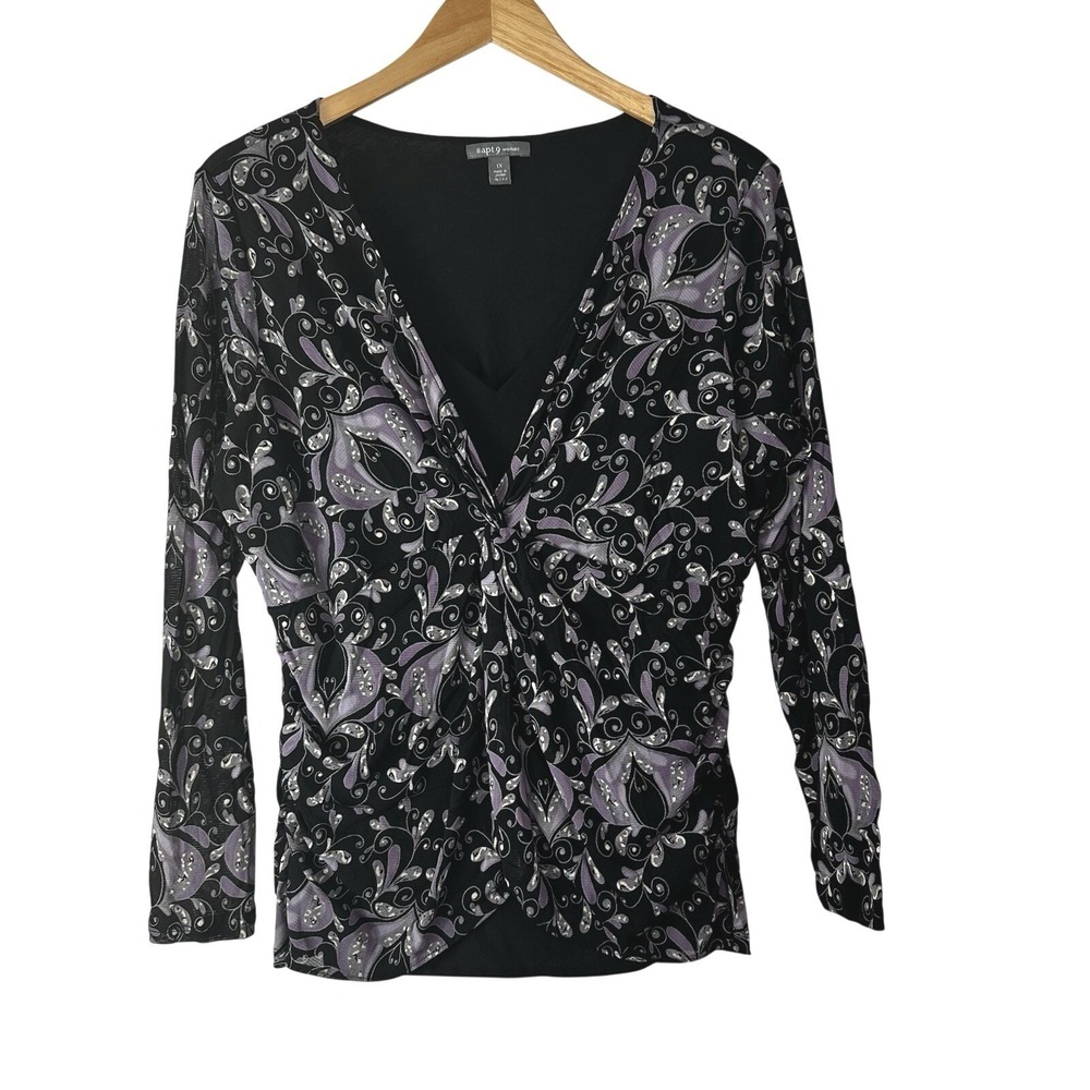APT 9 Y2K Fairy Grunge Top Mesh Faux Twist Front Lined V Neck‎ Dark Fairy Floral